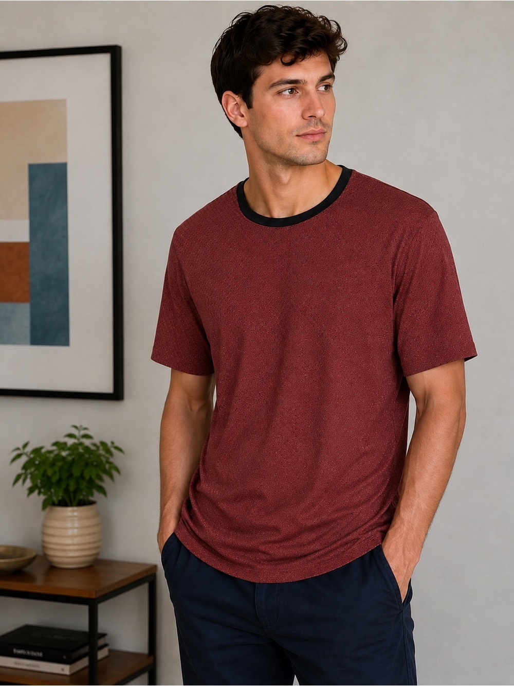 Express Men's Short Sleeve Tee in Burgundy with Black Trim